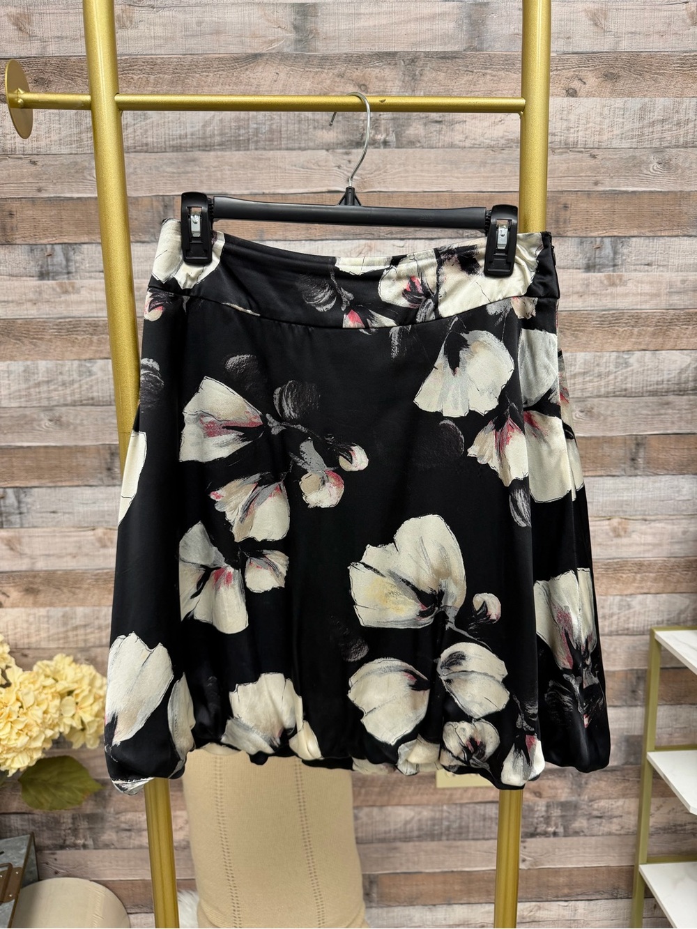Black House White Market Black Floral Silk Skirt 2